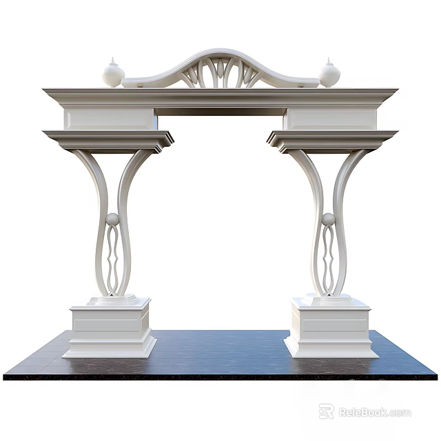 Classical Style White Entrance Gate With Arched Top Ornate Pillars And Carved Pedestals 3d model 