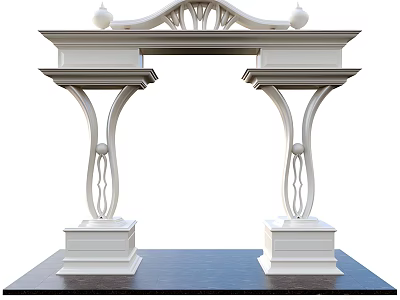 Classical Style White Entrance Gate With Arched Top Ornate Pillars And Carved Pedestals 3d model