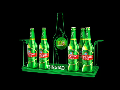 Six TSINGTAO Beer Bottles Neatly In Green Plastic Carrier Display Rack 3d model