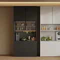 Modern Kitchen Interior With Black White Cabinets Glass Doors Coffee Machine And Green Plants