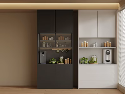 Modern Kitchen Interior With Black White Cabinets Glass Doors Coffee Machine And Green Plants 3d model