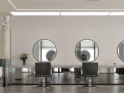 Modern Beauty Salon Interior Design With Round Mirrors Black Salon Chairs And Lighting 3d model