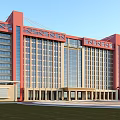 Modern Multi Story Office Building With Glass Curtain Walls Red Orange Frames And Symmetrical Design