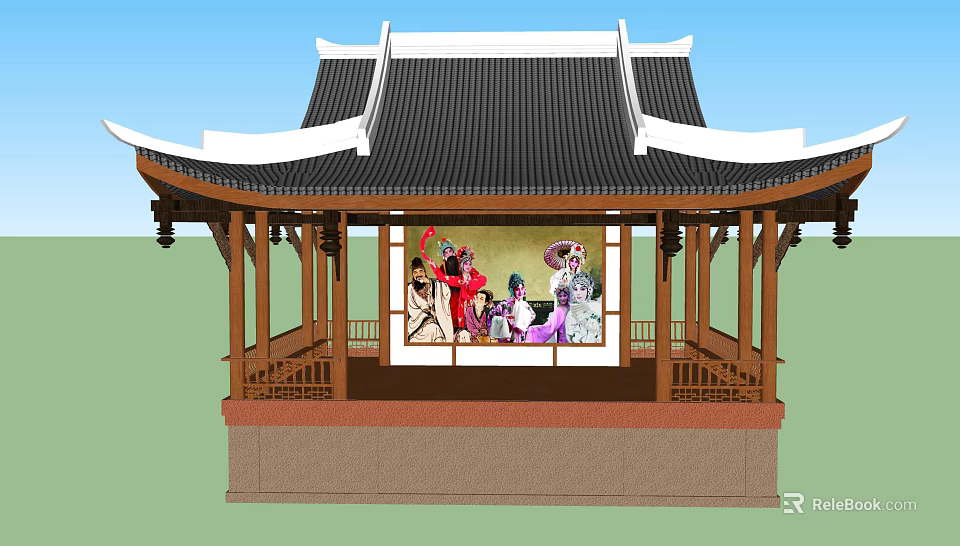 Traditional Chinese Pavilion With Wooden Structure Black Tiled Roof And Opera Figures Painting 3d model 