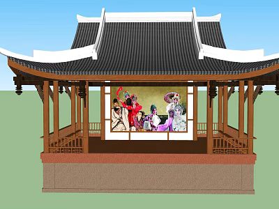 Traditional Chinese Pavilion With Wooden Structure Black Tiled Roof And Opera Figures Painting 3d model