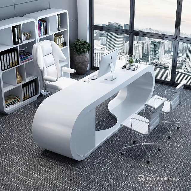 Modern Office Interior With White Curved Desk Computer Chairs Bookshelf City View And Green Plant 3d model 