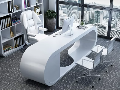 Modern Office Interior With White Curved Desk Computer Chairs Bookshelf City View And Green Plant 3d model