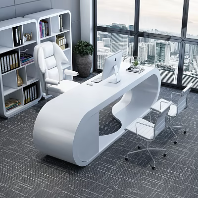 Modern Office Interior With White Curved Desk Computer Chairs Bookshelf City View And Green Plant 3d model
