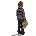Little Girl With Braided Hair Wearing Striped Long Sleeve Shirt And Jeans Holding Teddy Bear