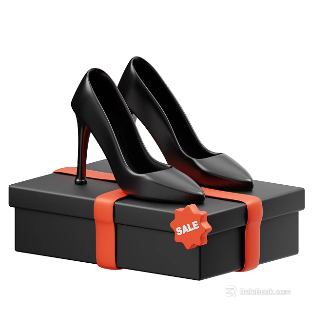 Stylish Black High Heels On Black Gift Box With Red Ribbon And Sale Tag 3d model 