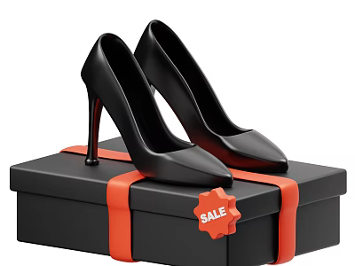 Stylish Black High Heels On Black Gift Box With Red Ribbon And Sale Tag 3d model