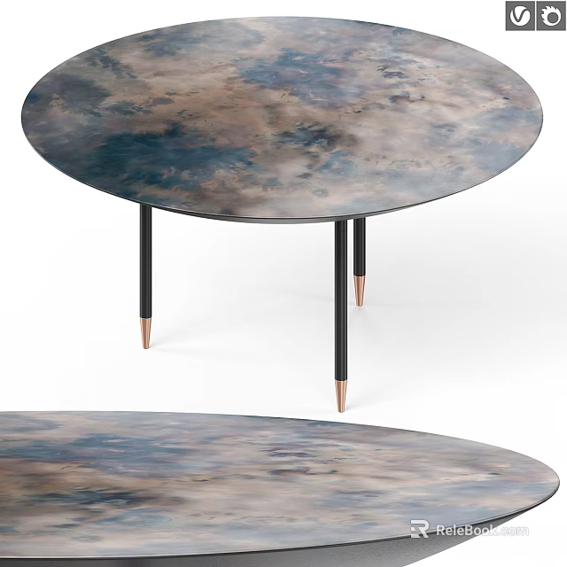 Round Table Featuring Blue Gray Marbled Texture Top And Black Copper Metal Legs 3d model
