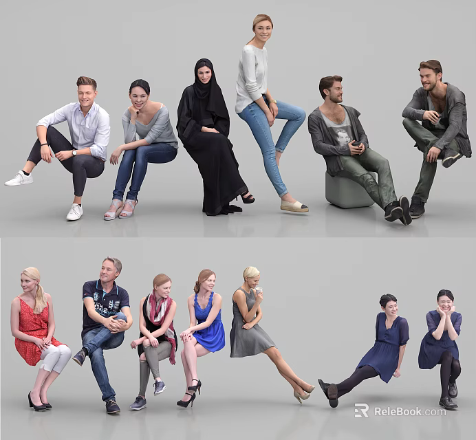 Group of People in Various Poses and Casual Clothing Styles 3d model 