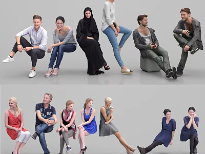 Group of People in Various Poses and Casual Clothing Styles 3d model