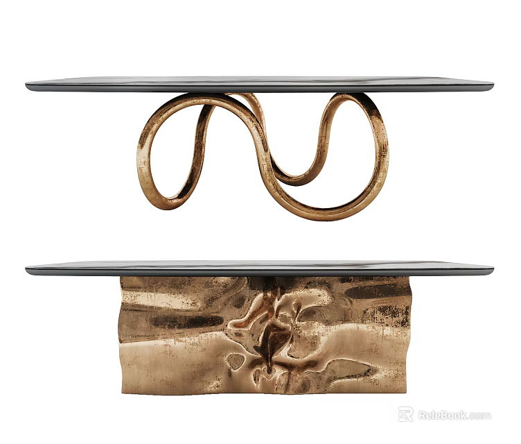 Black Dining Tables With Gold Curved Loop Base And Hammered Metal Texture Design 3d model