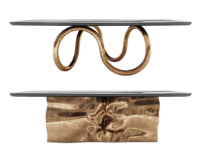 Black Dining Tables With Gold Curved Loop Base And Hammered Metal Texture Design 3d model