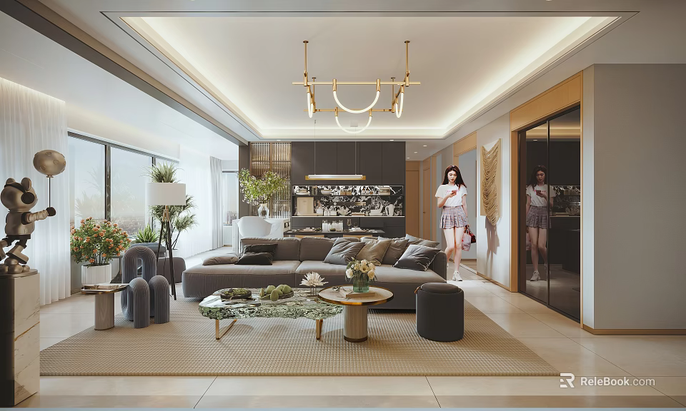Modern Living and Dining Room Interior Design With Sofa Coffee Table Pendant Lights And Plants 3d model 