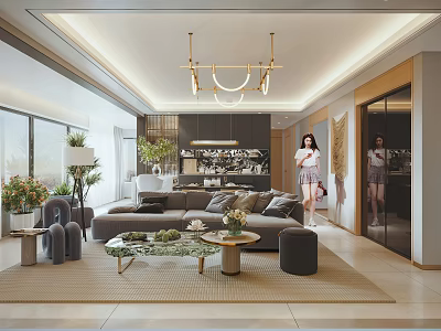 Modern Living and Dining Room Interior Design With Sofa Coffee Table Pendant Lights And Plants 3d model