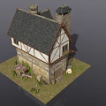 Medieval Half Timbered House With Stone Walls Tower Chimney Black Roof And Red Awning