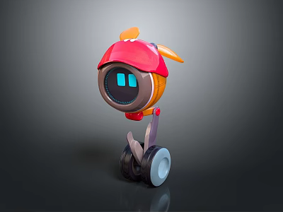 Cartoon Robot Character with Red Hat Round Orange Body Blue Eyes and Wheel Base 3d model
