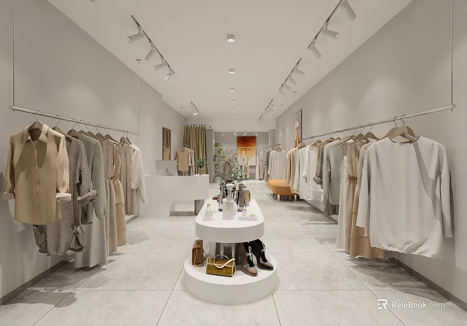 Bright Modern Clothing Store Interior With Clothes Racks Display Stand And Fashion Accessories 3d model 