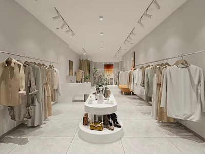 Bright Modern Clothing Store Interior With Clothes Racks Display Stand And Fashion Accessories 3d model