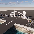 Modern Entrance Gate With Glass Building Arch Design And Urban Skyline View
