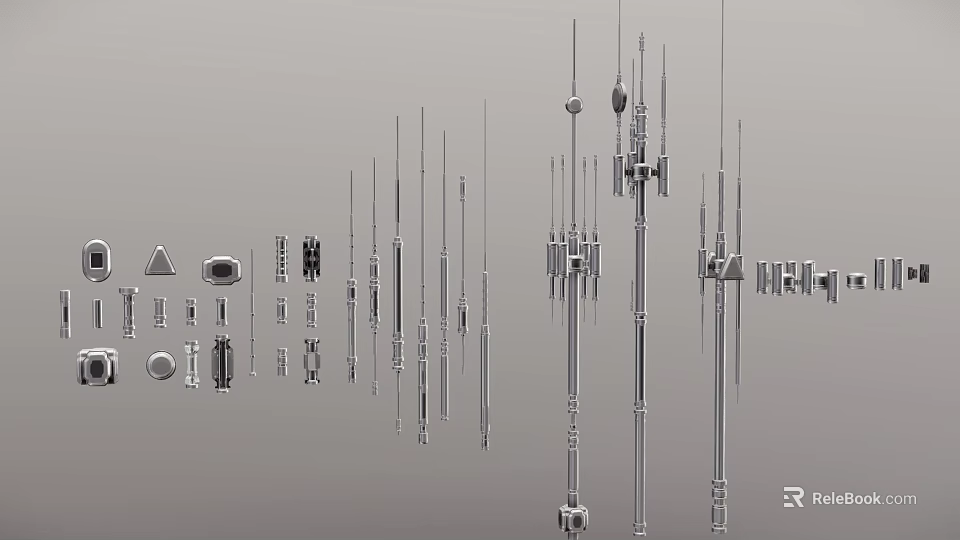 Assorted Industrial Equipment Components Featuring Metal Rods And Mechanical Connectors 3d model 