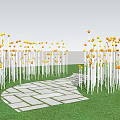 Outdoor Lights With White Poles And Yellow Spherical Lights On Green Grass Pathway Ocean Sky