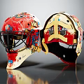 Vibrant Red And Beige Hockey Goalie Helmets Featuring Colorful Artwork And MASS LAW