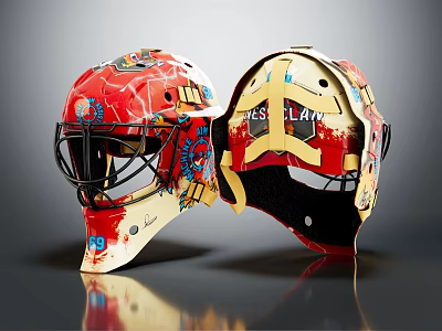 Vibrant Red And Beige Hockey Goalie Helmets Featuring Colorful Artwork And MASS LAW 3d model