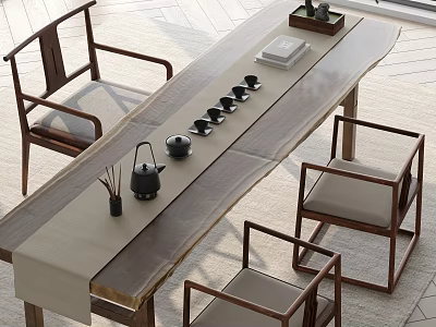 Chinese Style Solid Wood Tea Table and Chairs with Teapot Cups and Tea Mat 3d model