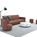Modern Leather Sofa And Coffee Table Set With Marble Top Stools And Floor Lamp 3d model