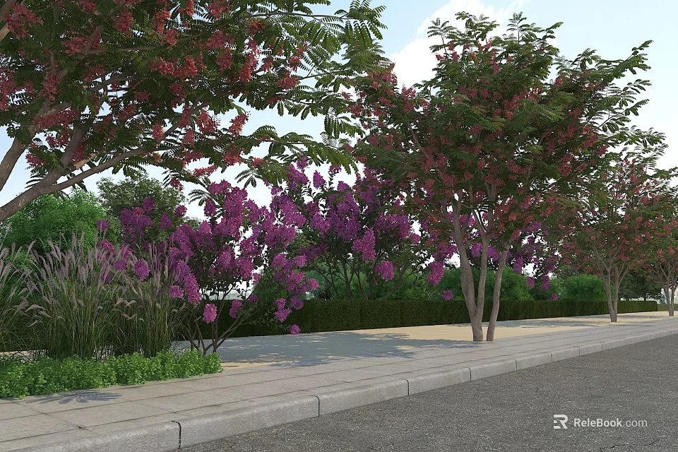 Lush Garden Landscape With Purple Flowering Trees Green Shrubs And Sidewalk Path 3d model 