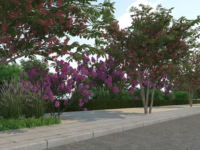 Lush Garden Landscape With Purple Flowering Trees Green Shrubs And Sidewalk Path 3d model