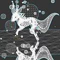 Black Mythical Creature with Green Orbs Red Planets and Water Reflection in Dark Surreal Background