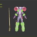 Futuristic Blue And White Mechanical Character With Red Circular Parts Furry Legs And Long Staff