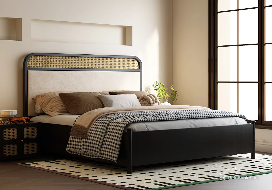 Modern Double Bed with Rattan Headboard Plush Pillows and Quilt in Bright Bedroom 3d model 