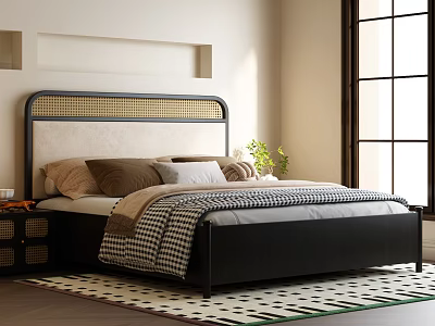 Modern Double Bed with Rattan Headboard Plush Pillows and Quilt in Bright Bedroom 3d model