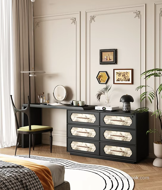 Stylish Black Dressing Table With Drawers Mirror Chair Lamp And Wall Art Decor 3d model 