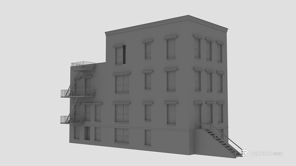 Grey Multi Story Building Exterior With Fire Escape Windows And Staircase 3d model 
