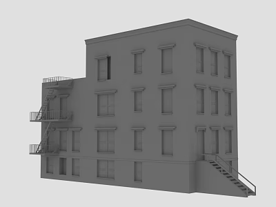 Grey Multi Story Building Exterior With Fire Escape Windows And Staircase 3d model
