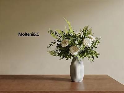 White Striped Ceramic Vase With White Flowers And Green Leaves On Wooden Table MolteniC 3d model