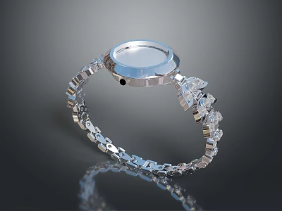 Silver Decorative Bracelet With Round Dial And Shiny Chain Links 3d model