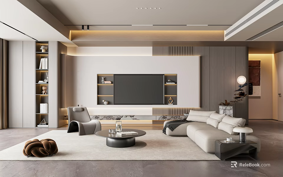Modern Living Room Interior With Light Beige Sofa Gray Armchair And Built In TV Unit 3d model 