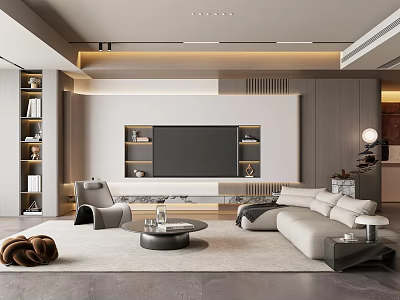 Modern Living Room Interior With Light Beige Sofa Gray Armchair And Built In TV Unit 3d model