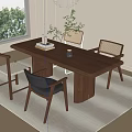 Modern Wooden Dining Table Set with Upholstered Chairs and Decorative Vase Lamp on Area Rug