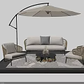 Outdoor Wicker Sofa with Fire Pit Flames and Matching Chairs Under Umbrella