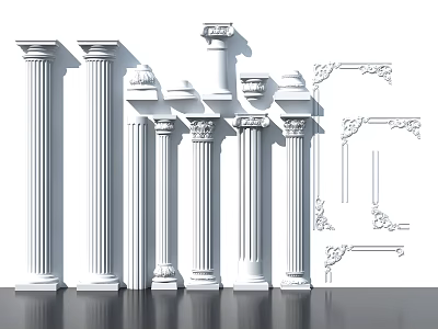 3D Rendered White Roman Columns With Various Capitals And Decorative Architectural Elements 3d model