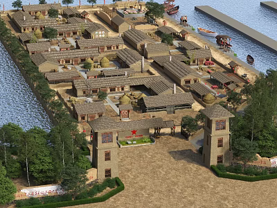 Traditional Ancient Architectural Complex Featuring Courtyards Towers Riverside Trees And Classic Roofs 3d model